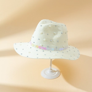 White straw sun hat for women with elegant pearls, rhinestones and colorful sequins