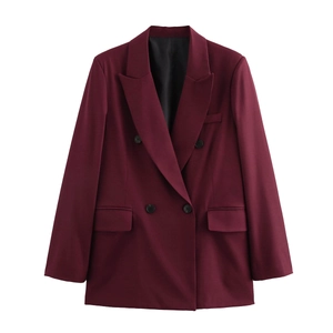 Elegante blazer doppiopetto bordeaux da donna con revers e maniche lunghe