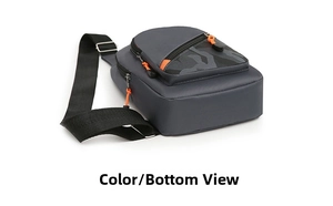 Bottom view of gray oxford chest bag showing base thickness and camo print pocket details