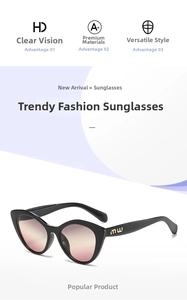 Detail of cat-eye sunglasses with pink gradient lenses and golden metal logo on temples