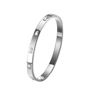 Macro detail of silver titanium bangle featuring five rectangular inset zircons