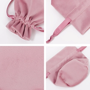 Detailed views of pink velvet drawstring pouch showing soft fabric texture and round base