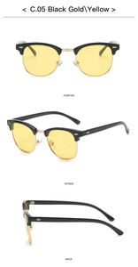 Drei Perspektiven der Retro-Sonnenbrille in Schwarz-Gold mit gelben Gläsern