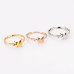 Minimalist stainless steel butterfly rings with frosted wings and zircon in three colors