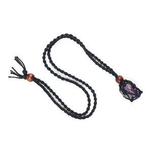 Natural raw purple amethyst stone necklace with adjustable black woven rope net