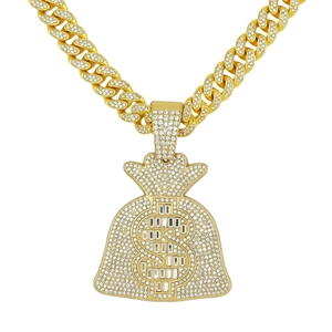 Pendentif sac d'argent serti de strass avec signe dollar sur chaîne cubaine dorée