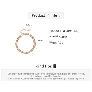 Detailed view of rhinestone chain bracelet with copper material and size measurements