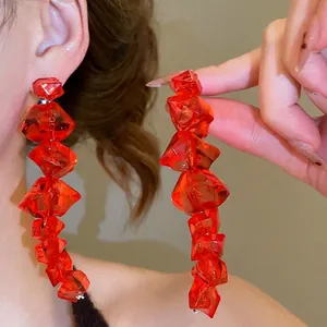 Chunky red irregular acrylic ice cube drop earrings for women in avant-garde style