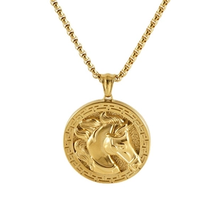 Gold stainless steel 3D horse head pendant necklace with round medallion and box chain