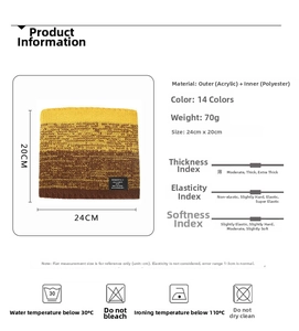 Detailed size chart of two-tone knit neck gaiter with acrylic and polyester specs