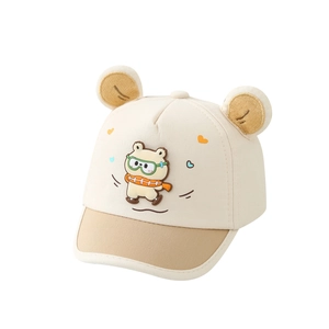 Cute cream and brown baby baseball cap with 3D plush ears and ski bear patch for infants
