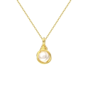 Elegant 925 sterling silver gold plated necklace with round white pearl pendant on white base