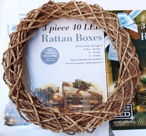 Three-piece warm white LED rattan box set in 10, 8, and 6 inch sizes for Christmas