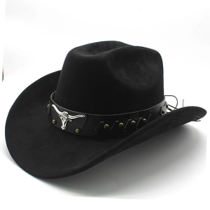 Black faux suede western cowboy hat with silver bull head and metal rivets detail