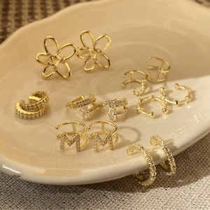 Gold-plated bow zircon pearl earrings set with floral and M letter clip-on studs