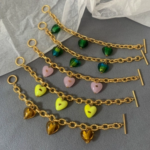 Handmade Murano glass heart charm bracelets with gold OT toggle clasp in five colors
