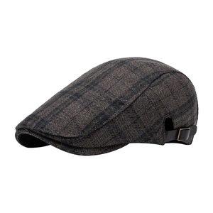 Vintage dark brown plaid wool ivy cap with adjustable leather strap for autumn winter