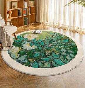 Detailed macro view of oil painting style round rug with green leaves and white flowers