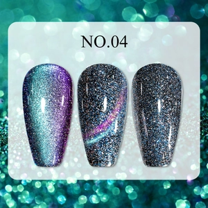 Detailed view of NO.04 glitter cat eye nail polish with sparkling diamond effect on long tips
