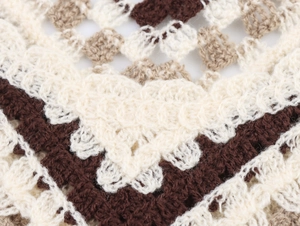 Detail of crochet knit vest showing creamy white heart pattern and hollow knit texture