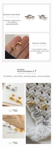 Macro shot of minimalist stainless steel knot stud earrings in silver and gold finishes