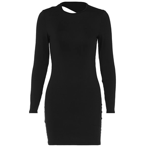 Detail of minimalist black bodycon dress featuring a unique crescent neckline cutout