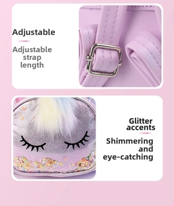 Detail of adjustable straps and shiny sequin fabric on a lavender unicorn backpack
