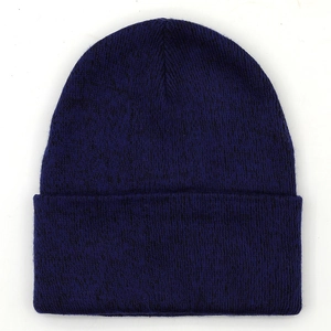 Classic navy blue knitted beanie hat with stylish cuffed brim for winter warmth