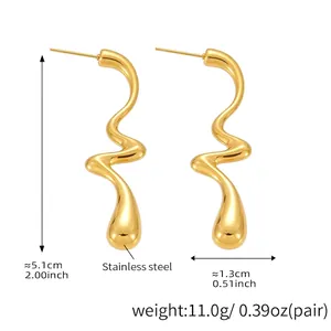 Détails des boucles d'oreilles irrégulières en forme de goutte en acier doré avec dimensions