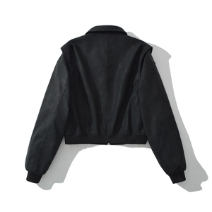 Classic black PU leather bomber jacket for women featuring lapel collar and ribbed hem