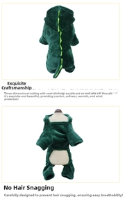 Detail of plush dinosaur pet costume showing soft green flannel texture and spine scales