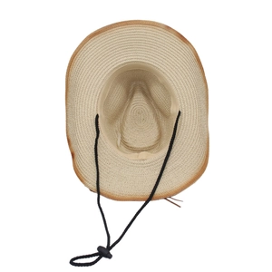 Internal view of straw Panama hat showing durable weave and black adjustable chin strap