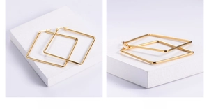 Detailed macro view of high-shine square hoop earrings with 18k vacuum gold plating