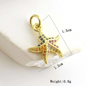 Macro shot of starfish charm with colorful zircon stones and size dimensions