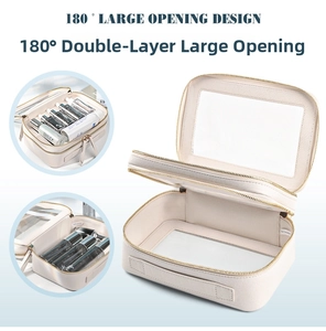 Detail of multi-functional cream toiletry bag with 180-degree double-layer opening design