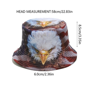 Detailed size chart of bucket hat featuring American flag and bald eagle print