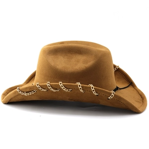 Detail of brown faux suede cowboy hat featuring decorative gold metal chain on brim