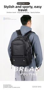 Rear view of a black waterproof sports backpack with ergonomic padded straps on male model