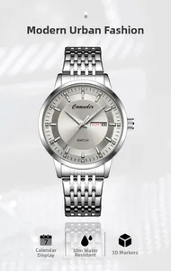 Detail of Comudir watch with dual calendar, waterproof steel case and luminous dial