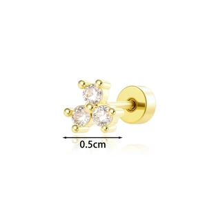 Classic 18K gold geometric ear stud with three round zircons and screw back closure
