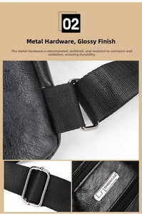 Detail of silver metallic buckle and high-density nylon strap on the black PU leather bag