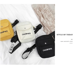 Detailed flat lay of three canvas crossbody bags in yellow, white, and black colors