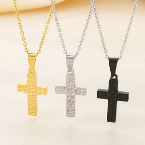 Minimalist stainless steel hammered cross necklaces in gold, silver, and black finishes