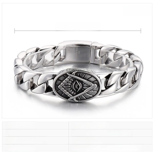 Detail view of Masonic Freemason emblem on stainless steel punk bracelet with 88g weight