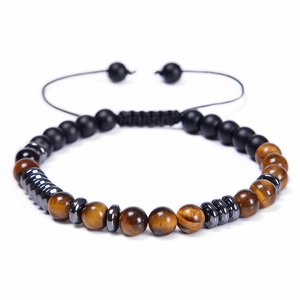 Adjustable tiger eye stone beaded bracelet with Morse code design and hematite spacers
