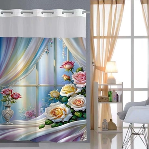 Detail of waterproof 3D floral waffle shower curtain featuring metal grommets and rose prints