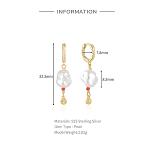 Detailed size chart of 925 silver twist hoop earrings with baroque pearls and sun charms