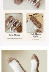 Detail of soft coral fleece striped socks with elastic cuff for winter comfort