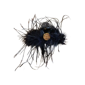 Pince à cheveux élégante avec plumes noires, cristaux et détail imprimé léopard