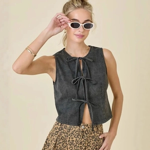 Fashionable dark grey washed denim vest with triple front bow tie closures in street style